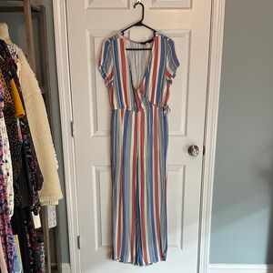 Francesca’s Blue Rain Vibrant Striped V Neck Jumpsuit